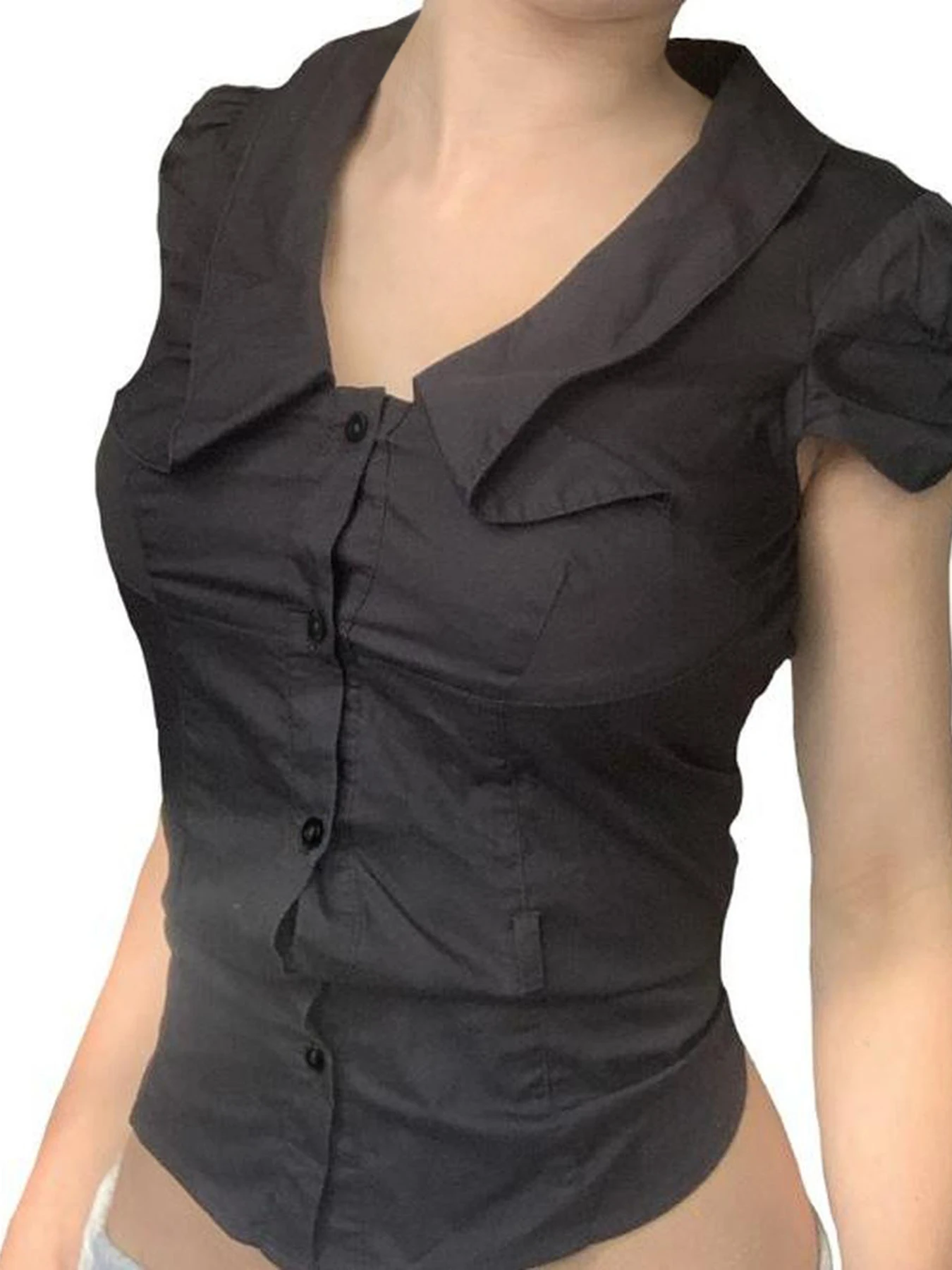 IAMSURE Elegant Fashion Solid Folds Blouse Slim Turn-Down Collar Short Puff Sleeve Shirts Women 2024 Summer Streetwear Office