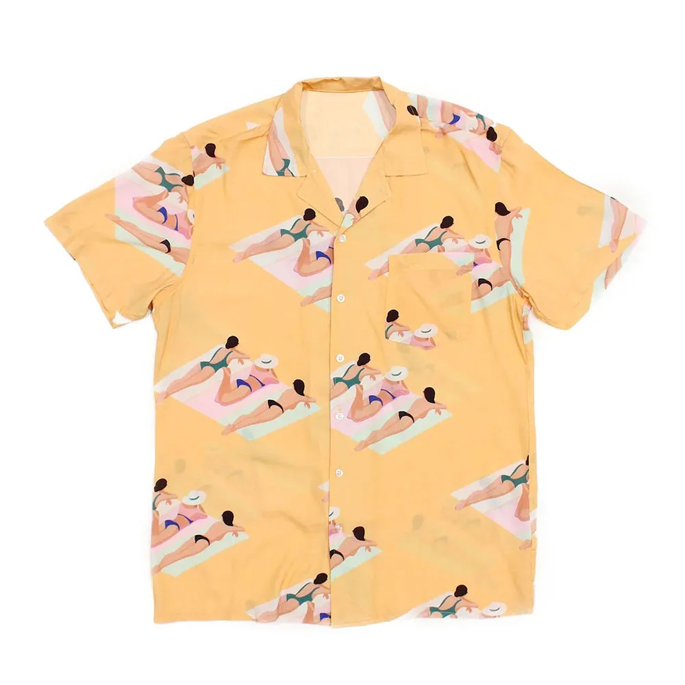 Men Hawaiian Beach Shirt Summer Vacation Sunbathing Figure Print Tops Short Sleeve Camp Collar Button Down Chemise Casual Loose