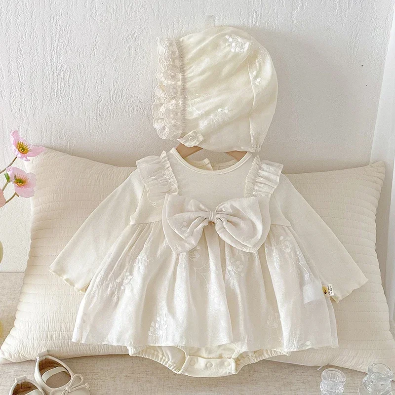 2025 New Autumn Toddler Baby Girl Romper+Hat Long Sleeved Cotton Embroidery Splicing Infant Baby Jumpsuit 0-24M Children Clothes