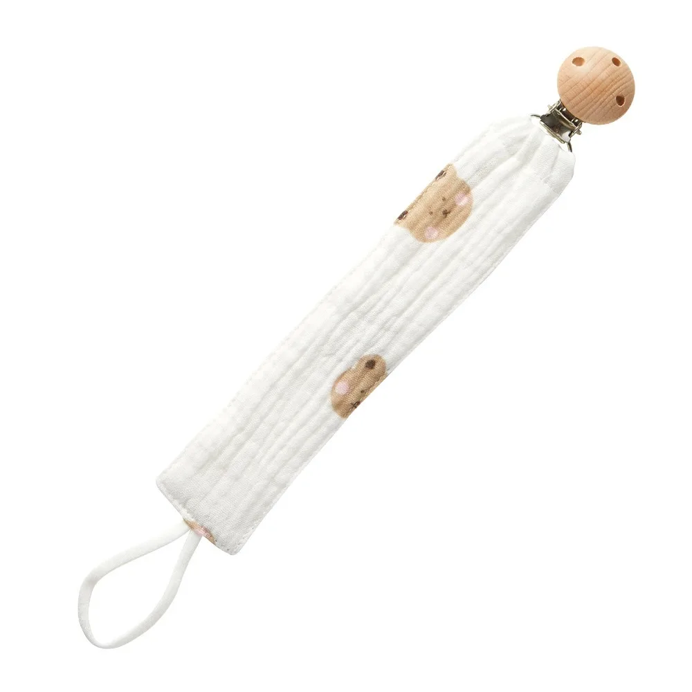 

New Cotton Gauze Baby Pacifier Clip Chain Safe Wooden Print Pacifier Holder Anti-drop Nipple Holder Clips Newborn Soother