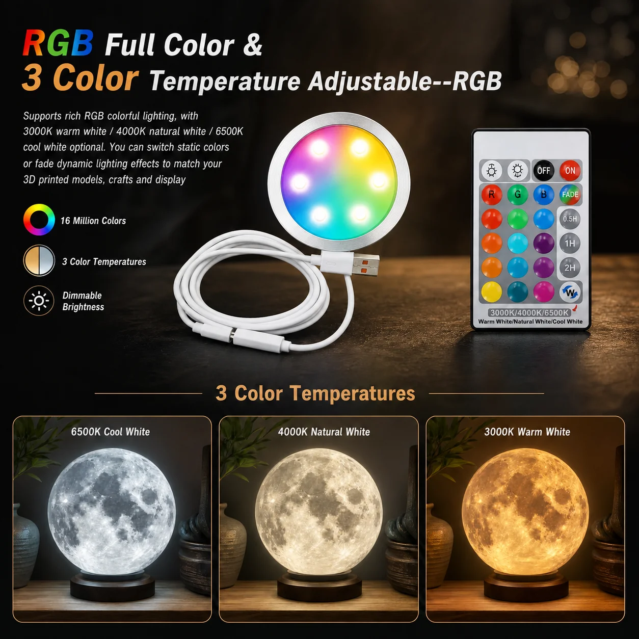 Upgrade Rechargeable kit 001 for Bambu Lab DIY Model Hardware Adjustable RGB Colors Rechargeable LED Light with Remote Control
