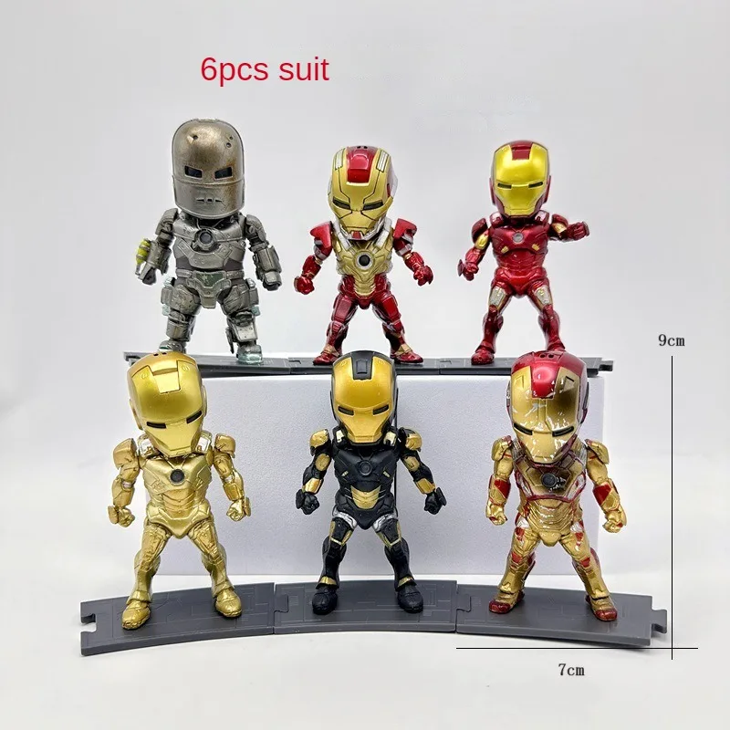 

6pcs suit Iron Man q-version Marvel Anime Avengers Can emit light Action Figure Toys hero Collection Model Gift for Children Boy