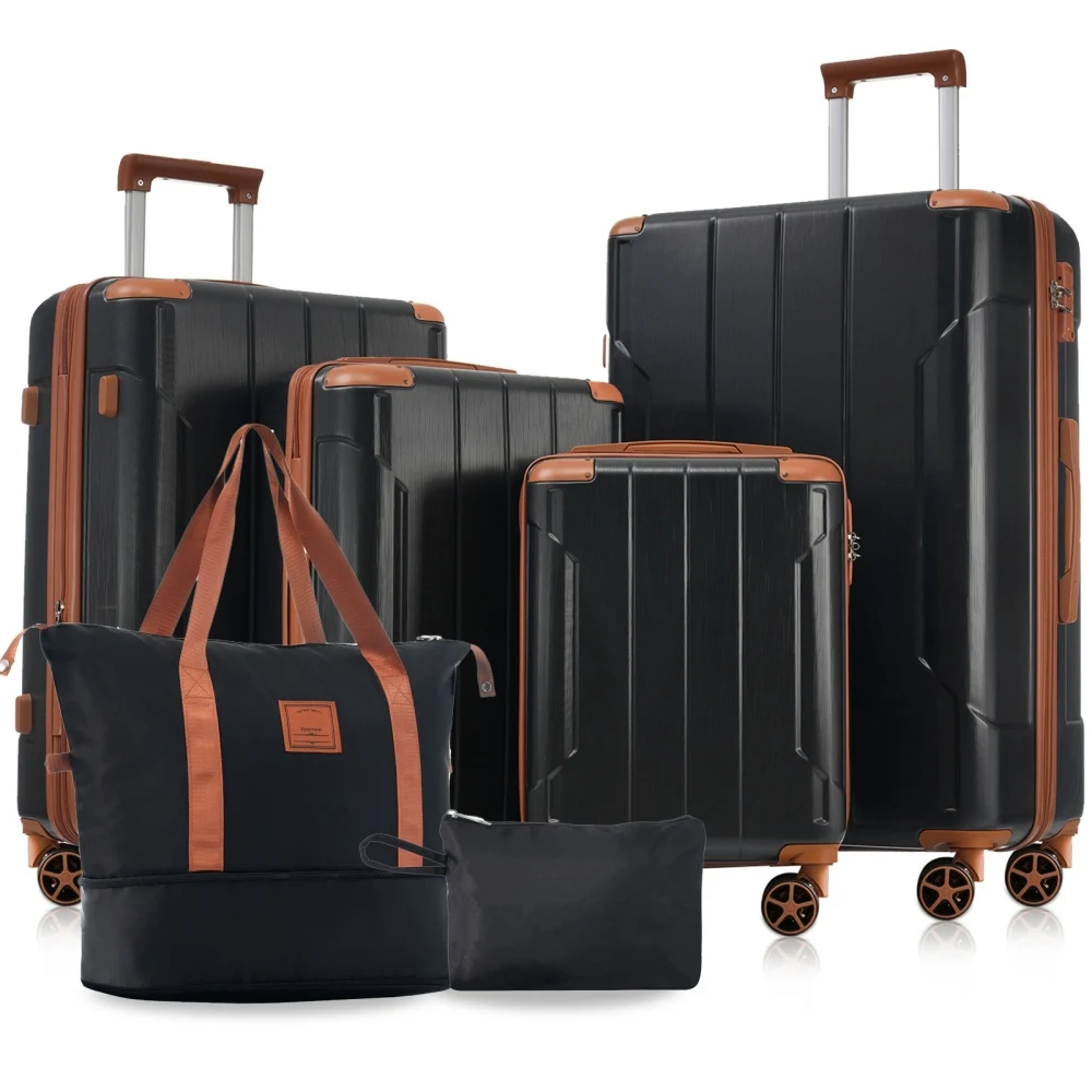 Hardshell Luggage Sets 6 Piece Suitcase Set, Expandable Lightweight Suitcases with Dual Wheels, TSA Lock for Men Women, Black Brown