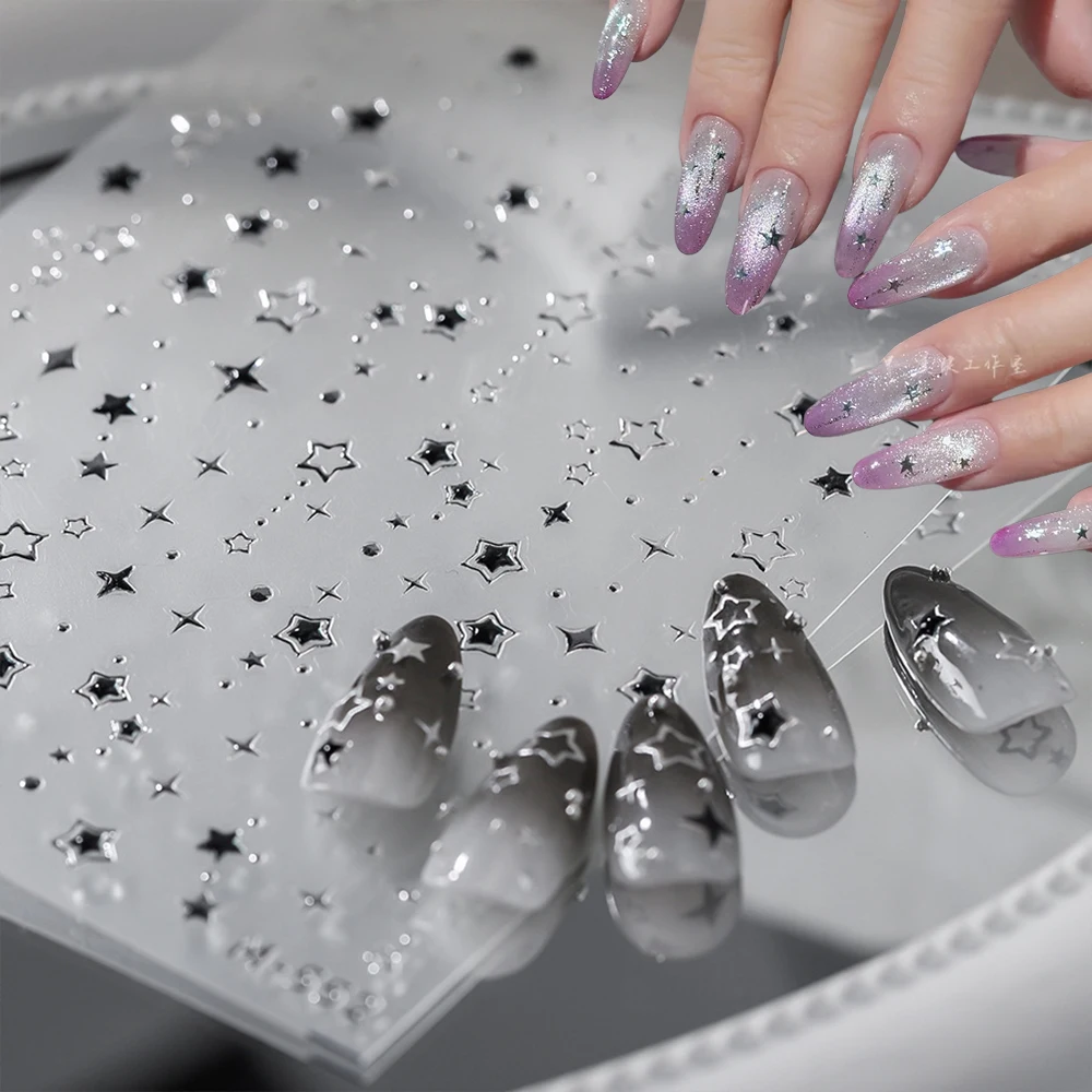

5D Metal Silver Starburst Pentagram Nail Art Sticker Y2K Hollow Five-Pointed Star Adhesive Decals DIY Manicure Charms Accessorie