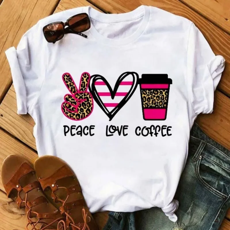 New Cross-border Women's Peace Love Theme Trend Simple Lovely Loose White Short Sleeve Blouse T-shirt Graphic T Shirts  Harajuku