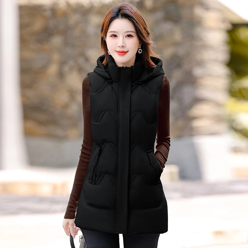 

Autumn Winter Women's Thiened down Cotton Vest Removable Hat Jaet Mid-Length Faionable Slimming Small Size oulder