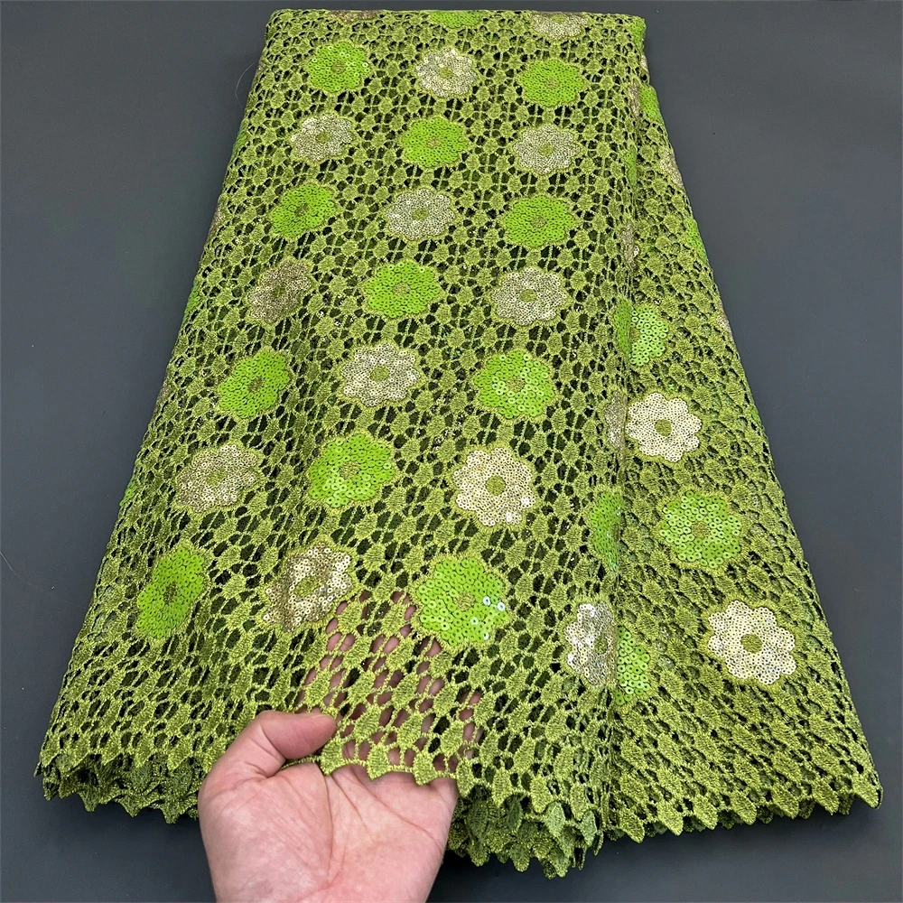 2024 High Quality African Nigerian Embroidery Tulle Cotton Lace Fabric Wedding Party Golden Dress Damask Sequins 5Yard PS0030