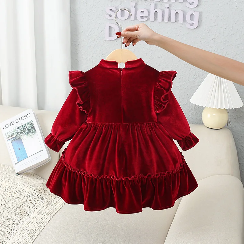 Girl\'s Princess Sequin Dress Winter Children Baby Infants Kids Velvet Thickened Bow Red Birthday Christmas New Year