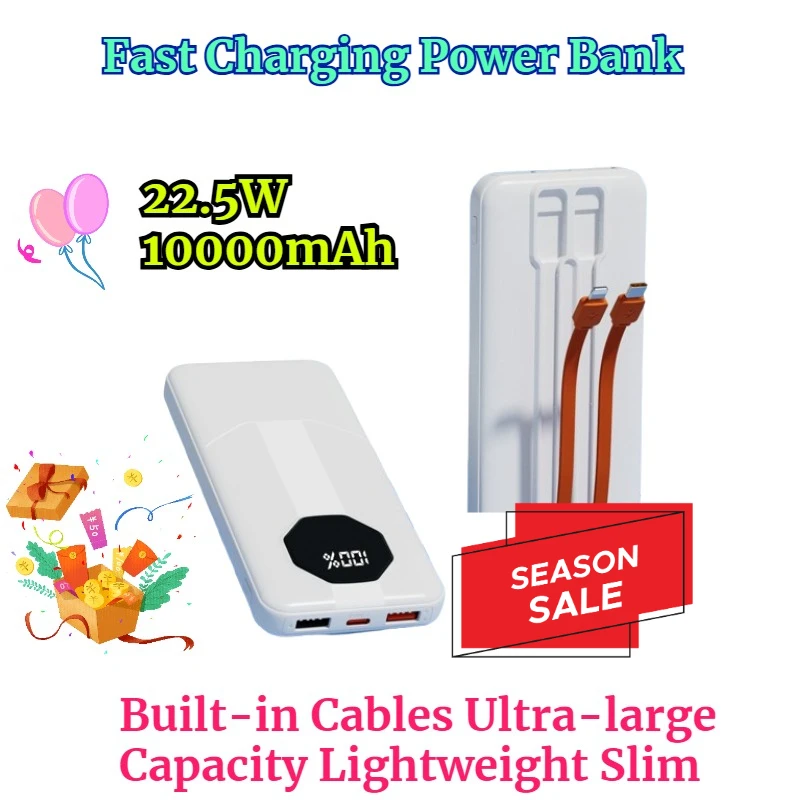 

22.5W 10000mAh Portable Charger with Built-in Cables Ultra-large Capacity Lightweight Slim and Fast Charging Power Bank