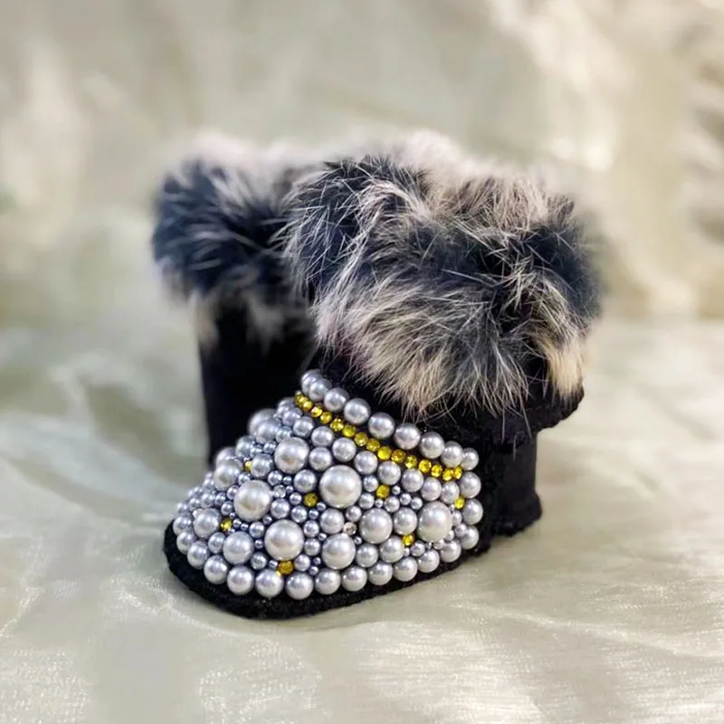 

Dollbling Mommy Daugther Baby Custom Pearls Boots Personalized Handmade Luxury Fur Infant Ivory Beads Bling Winter Botties