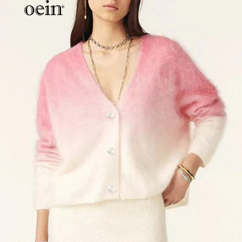 

[oein] 2024 French Niche Autumn And Winter New Pink Gradient V-neck Knitted Cardigan Simple And Versatile Top For Women