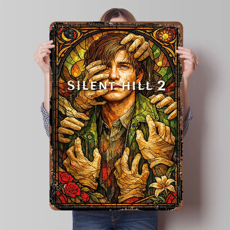 Silent Hill 2 Buntglas-Kunst-Metallposter, individuelle Wandkunst, Retro-Vintage-Blechschilder zur Dekoration von Räumen, Garagen