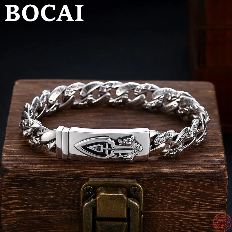 

BOCAI S925 Sterling Silver Bracelets for Men Women Six Syllable Mantra Vajra Pestle Buddhist Hand String Jewelry Free Shipping