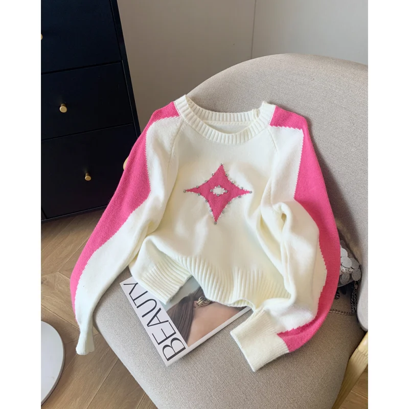 Women Clothing Black Knitting Sweater Round Neck Long Sleeves Vintage Korean Fashion Baggy Female Autumn Pink Splicing Tops