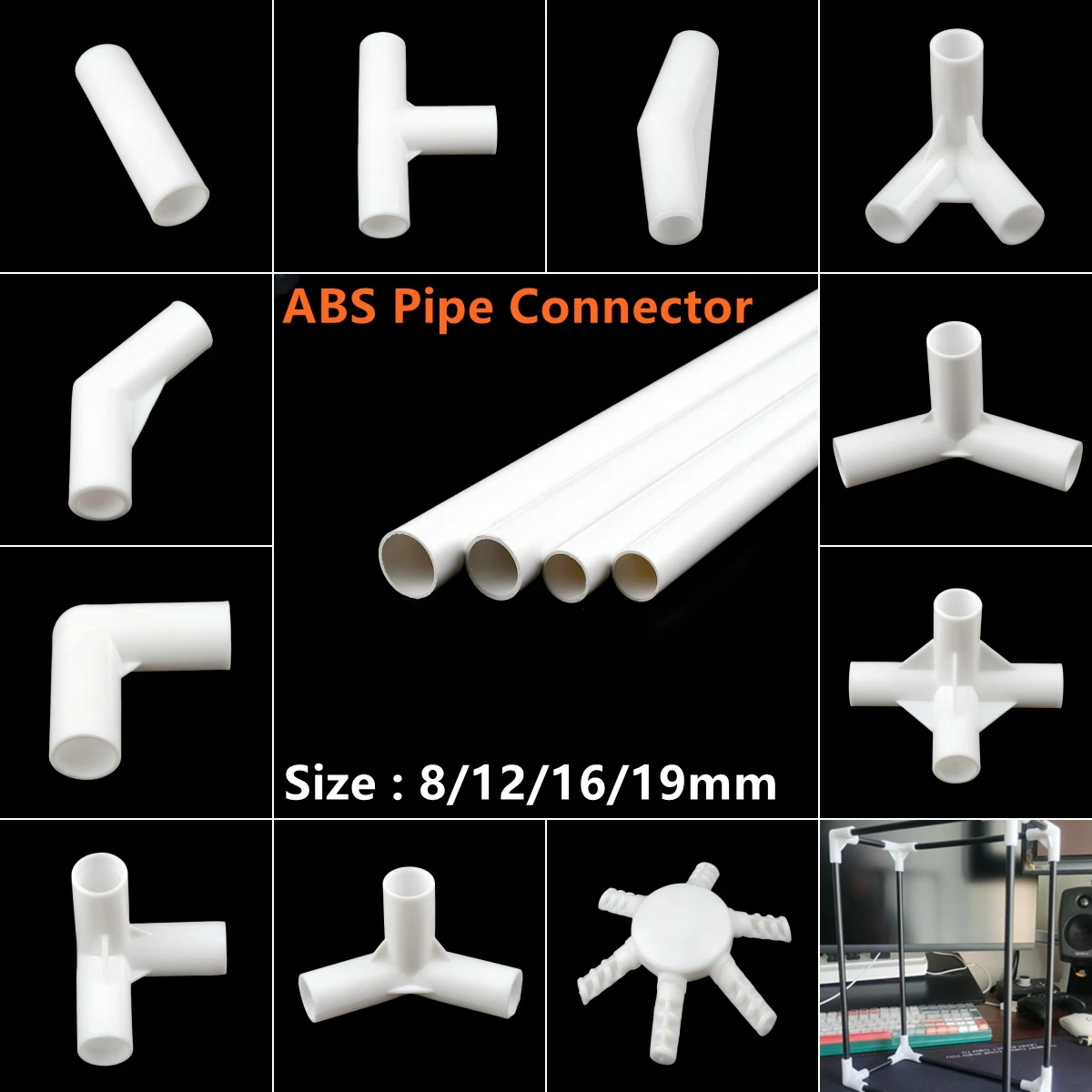 

5~15PCS I.D 8/12/16/19mm ABS Plastic Adapter Hydroponic Frame Fittings Wardrobe Connectors Shelf Mosquito Net Support DIY Joint