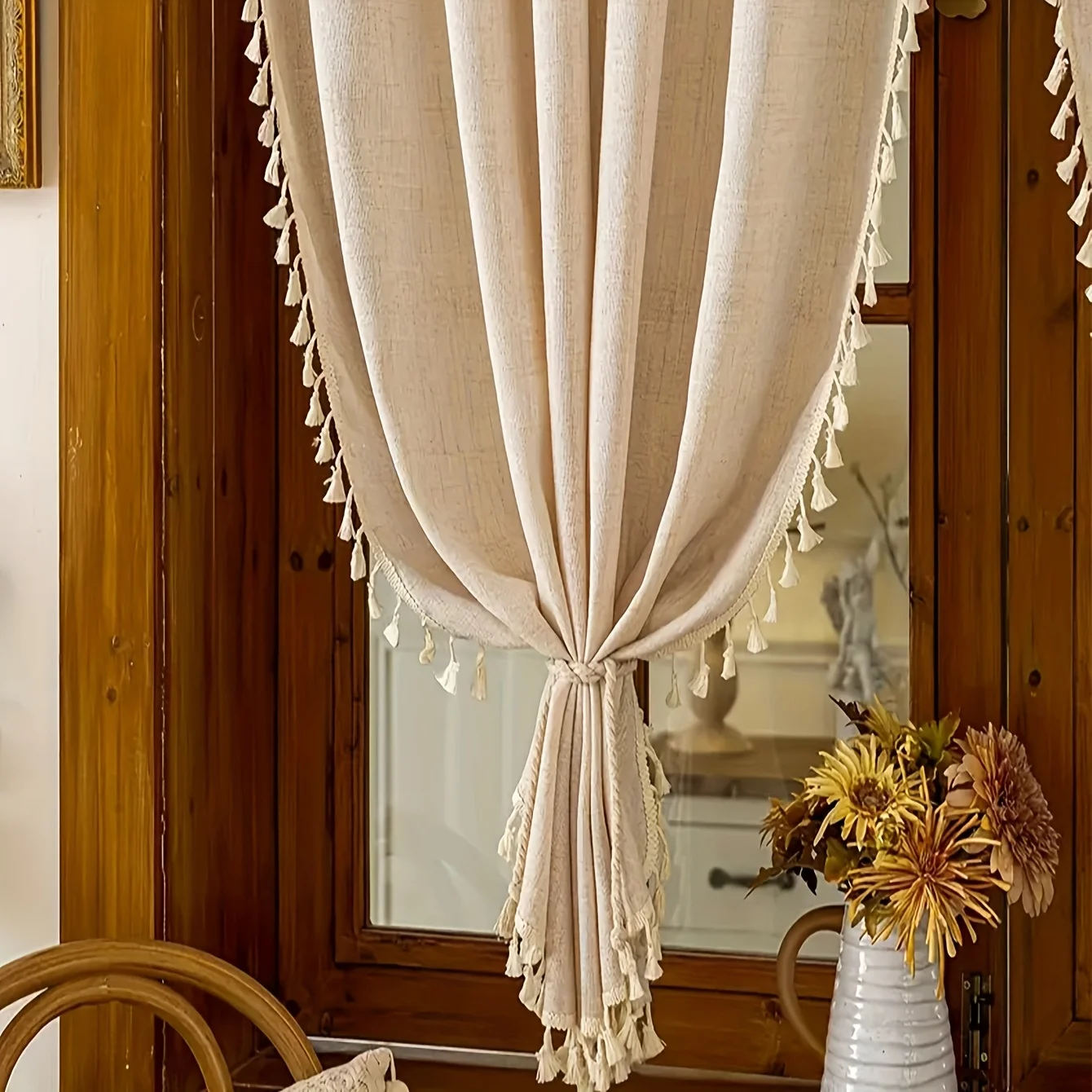 1Pc New Style Linen Curtain with Scalloped Edge for Living Room and Bedroom Decoration, Personalized Decorative Rod-Pole Curtain, Living Room, Bedroom, Study Room Decorative Rod-Pole Curtain