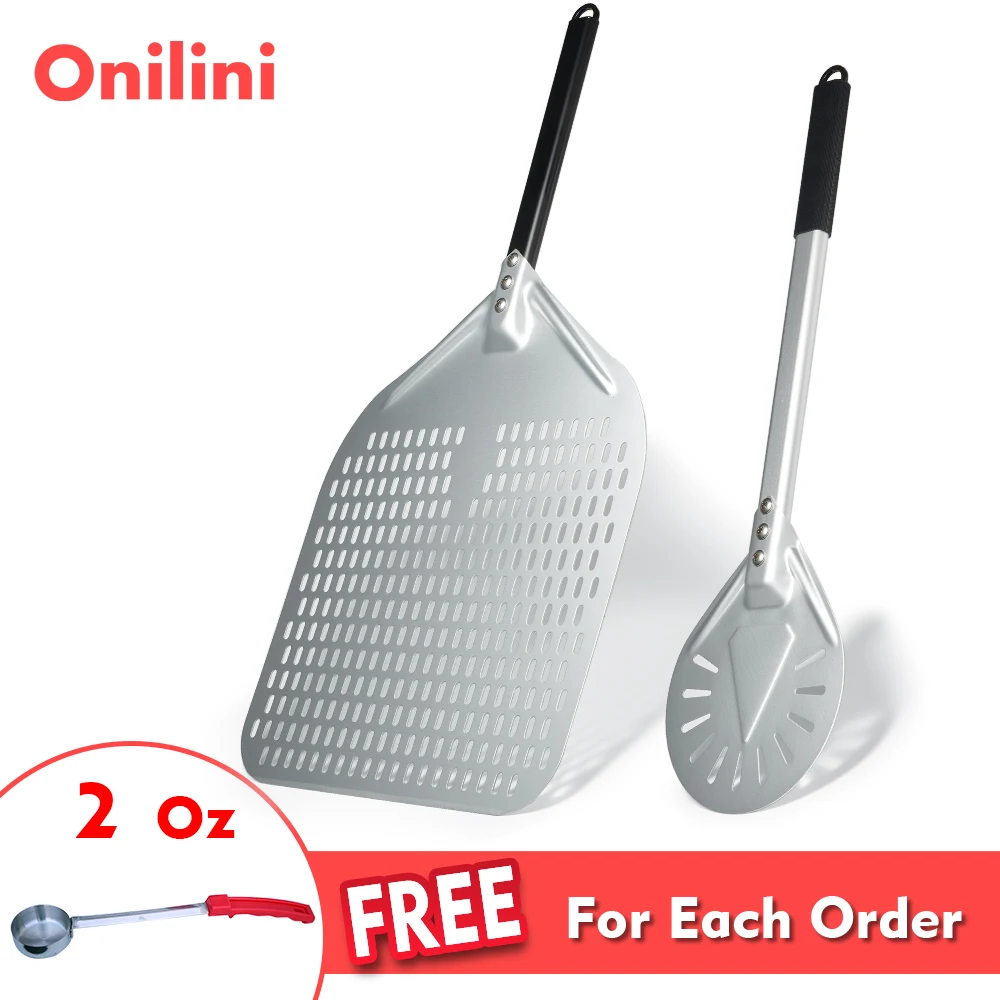 Onilini 12/13/14 inch Anodized Pizza Peel with Round Pizza Turning Peel Set Perforated Rectangular Pizza Shovel Pizza Paddle