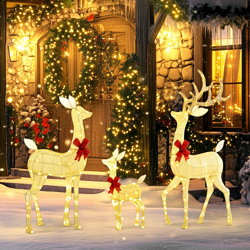 4.5ft 3-Piece Light Up Christmas Deer Family Set of 3, Lighted Reindeer Christmas Decorations with 2 LED Light Modes