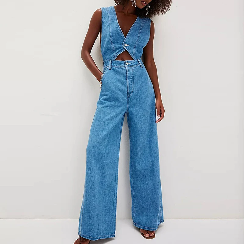 

Summer Sleeveless Hollow Out Wide Leg Rompers Elegant High Waist Commute Playsuits Overalls Fashion Design Style Denim Jumpsuits