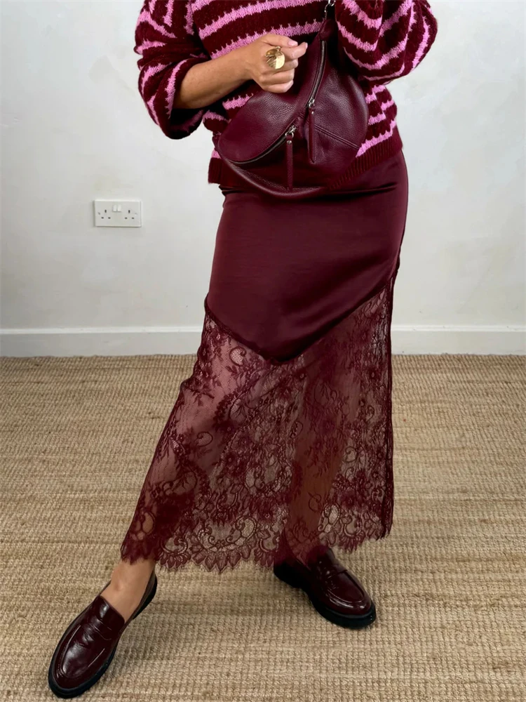 Trendix, faldas de encaje de retales para mujer, novedad de 2025, faldas largas ajustadas de cintura alta con agujeros, falda bohemia marrón de moda para fiesta y Club de otoño