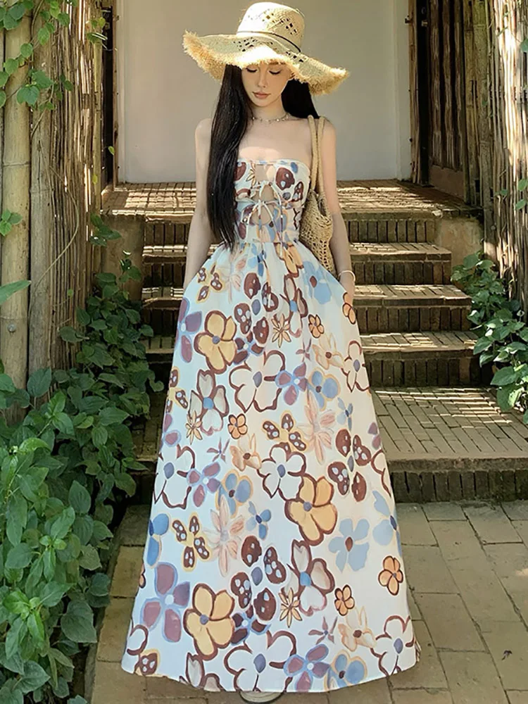 Letni nadruk bandaż owijanie klatki piersiowej seksowna sukienka Maxi kobiety styl plażowy Casual Dress 2025 koreański elegancki luksusowy festiwal Vestidos