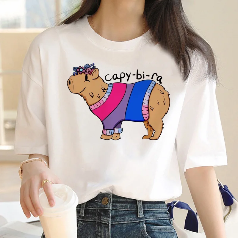 Camiseta estampada divertida para mujeres de capibara camiseta casual de moda y2k cuello redondo grande