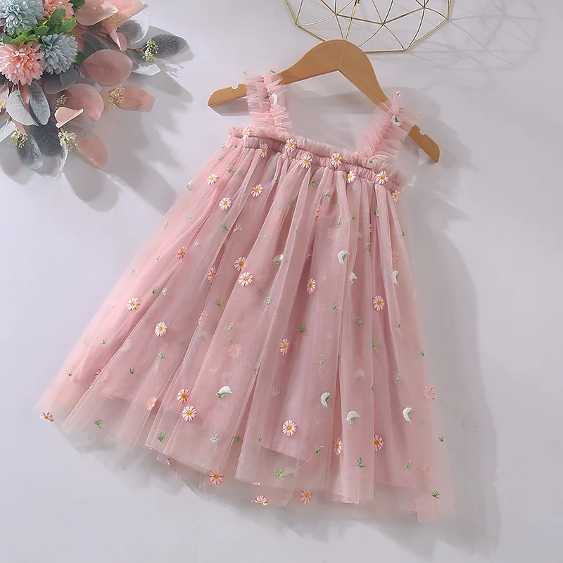 Baby Girl\'s Solid Color Flower Bordado Sling Dress, Cute Princess Skirt, Roupas de qualidade doce, Novo