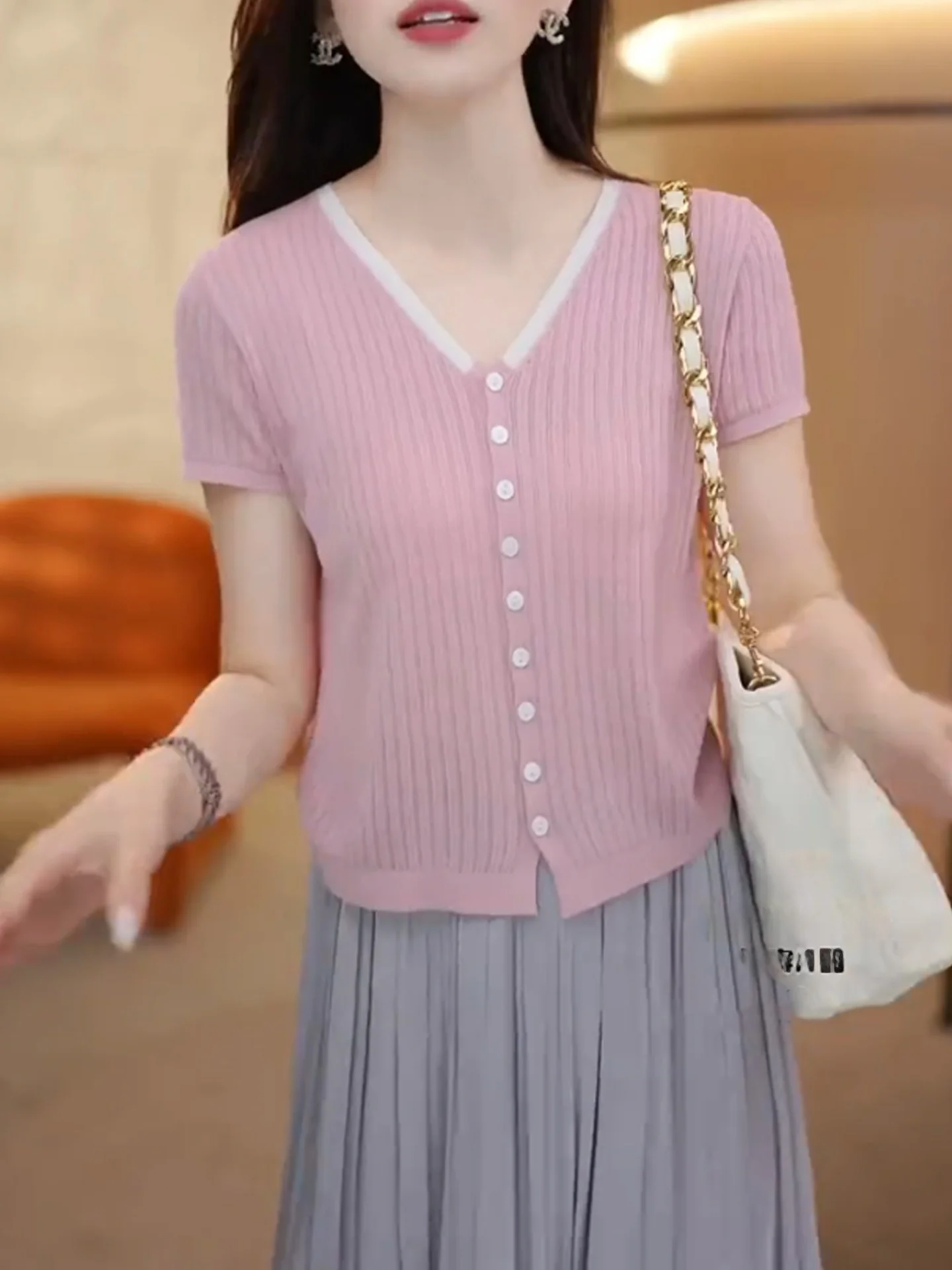 Cárdigan de Punto con Bloques de Color a la Moda, de Seda Helada, Manga Corta, con un Solo Botón, Estilo Casual, Cuello en V,...