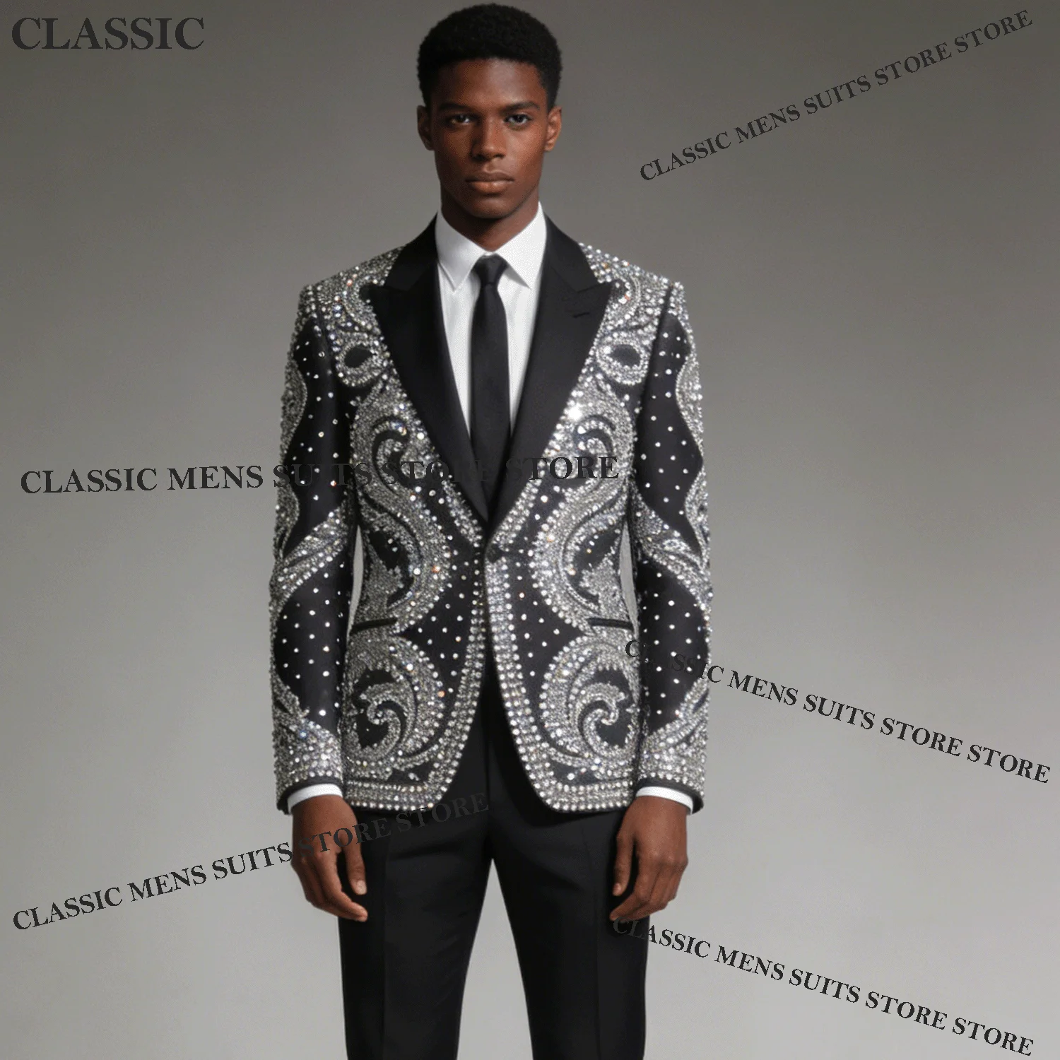 

Glitter Tuxedos Men Suits Diamond Decoration Peaked Lapel Groom 2 Pieces Set Customized Fashion Wedding Male Prom Blazers suit