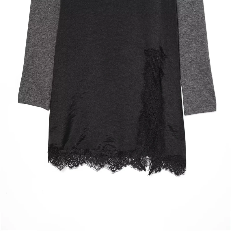 طقم فستان نسائي مكون من قطعتين مزين بالدانتيل - فستان قصير بأكمام طويلة للأزياء عبر الحدود