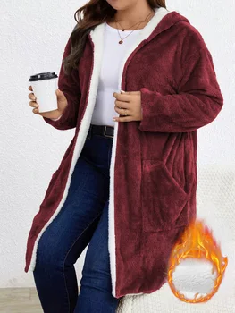 Fuzzy Fleece-Lined Hooded Cardigan 4 Women Fuzzy Fleece Lined Hooded Long Open Cardigan Warm Sherpa Trim Mid Length Coat With Side Pockets Loose Winter Outerwear 4