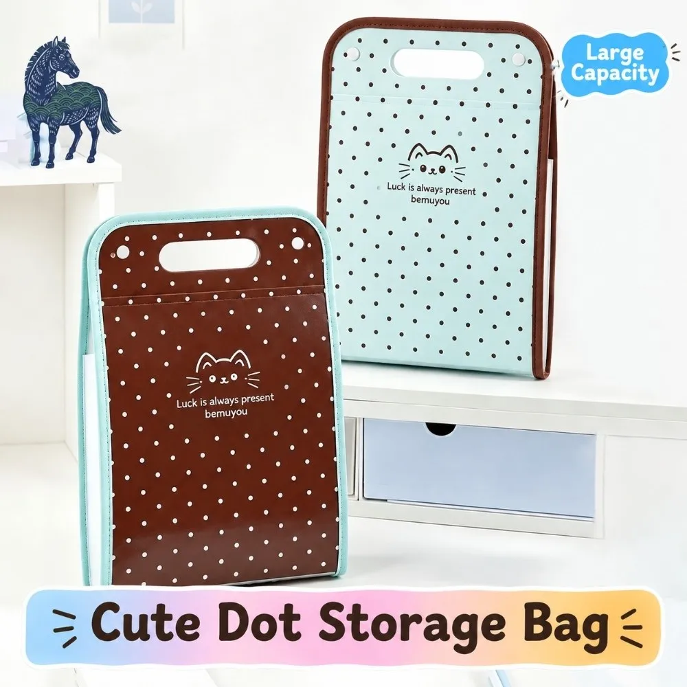 Convenient A4 Expanding File Folder 13 Pockets Polka Dot Cat Print Document Bag Multilayer Handheld Paper Storage Bag Gift