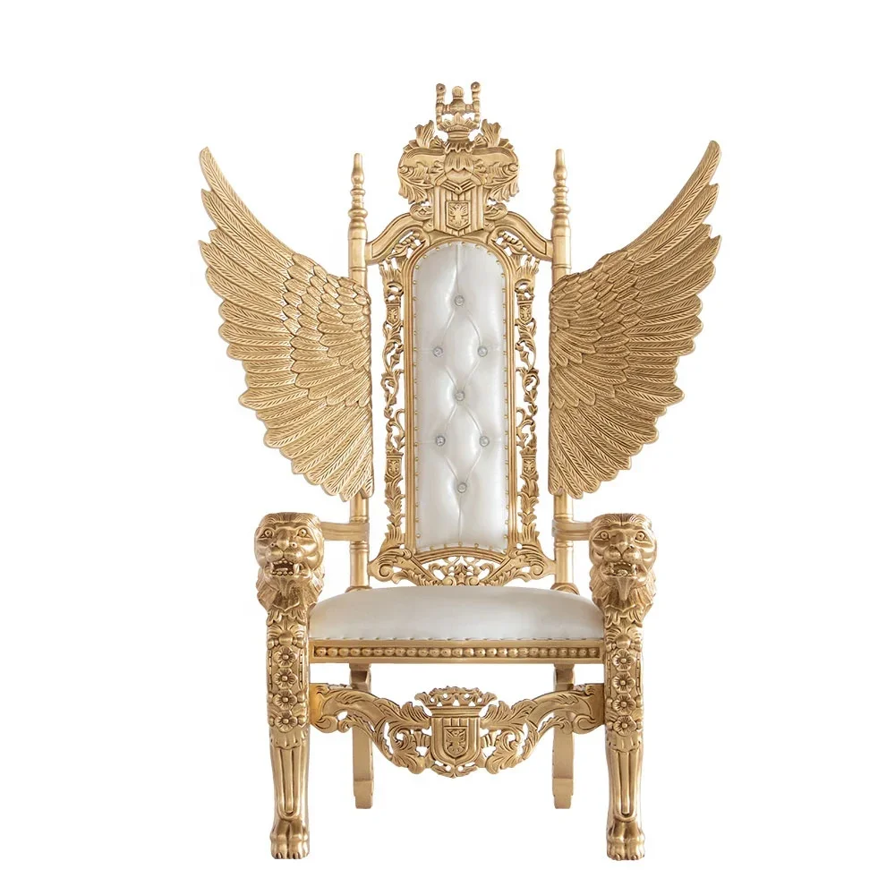 Superb Quality Lion King Throne Chair with Wings Hotel Furniture Solid Wood Gold White French Antique