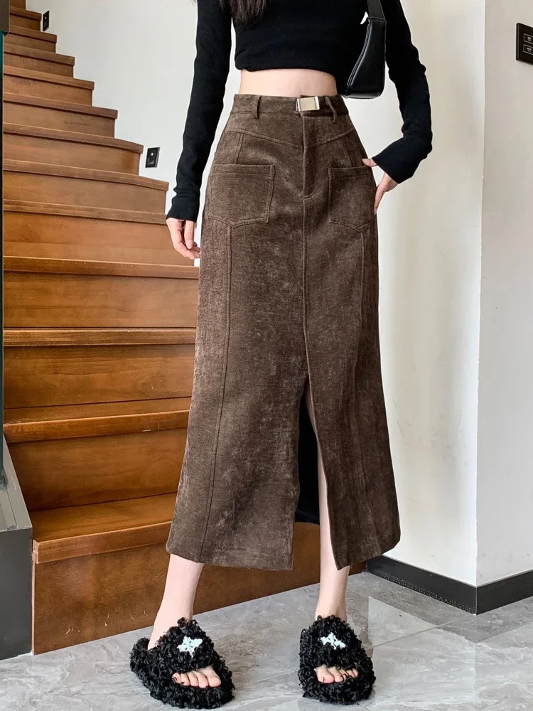 Women's A-line Brown Pleated Skirt Vintage 90s Aesthetic Y2k Grey Long Skirt Harajuku Korean Skirts 2000s Clothes 2024