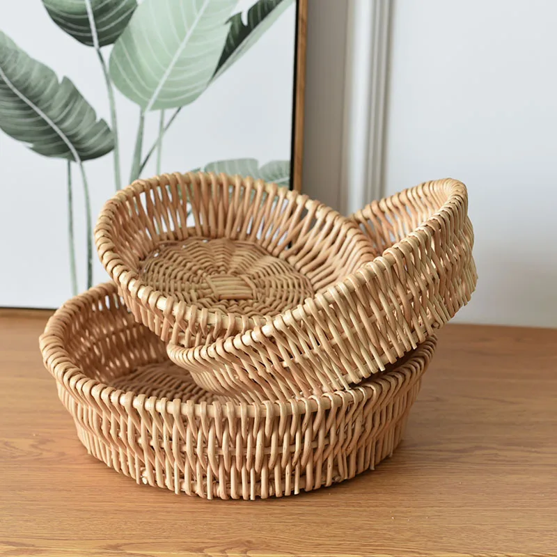 20/25/30cm Rattan Fruit Basket Sundry Storage Basket Hand-Woven Storage Box Food Breakfast Display Box Kitchen Storage Supplies