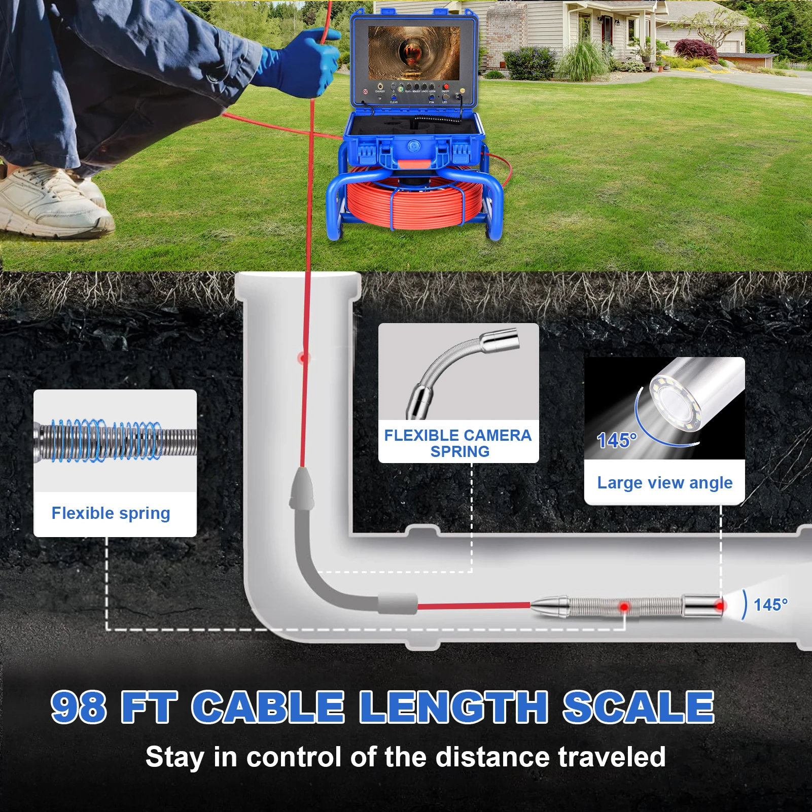 Drain Pipe Camera 1080P HD Sewer Camera with 512Hz Transmitter Flexible 100ft Endoscope with 9in Screen 16GB Card