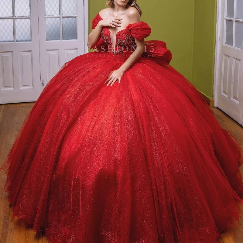 

Red Shiny Quinceanera Dress Ball Gown Off The Shoulder Beads Crystals Bow Tull Corset Birthday Party Sweet 16 Vestido De 15 Anos