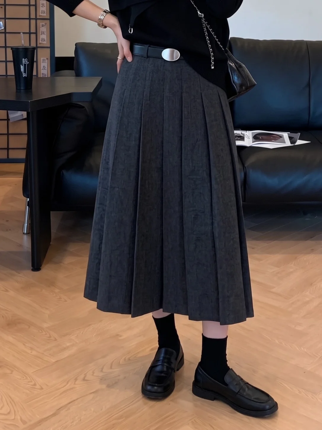 Gray A-Line Midi Skirt Women's Autumn Korean College Style Umbrella Skirt Miniature Pleated Long Skirt Casual High Waist Poly...