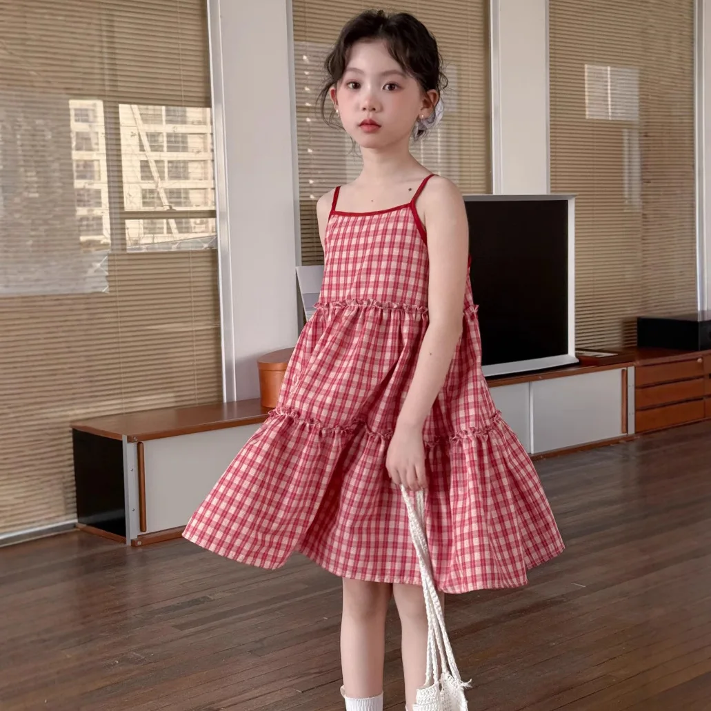 

Plaid Slip Dress 2025 Summer New Korean Fashion Cute Sweet Red Checkered Princess Slip Dress Kids Clothes Girls