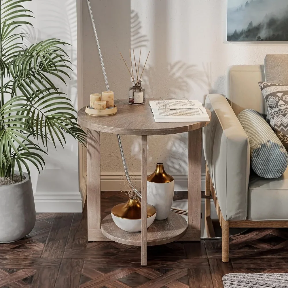 

Round Wood End Tables with Storage, Rustic Farmhouse Accent Table with Distressed Wood Top, Circle Table for Living Room