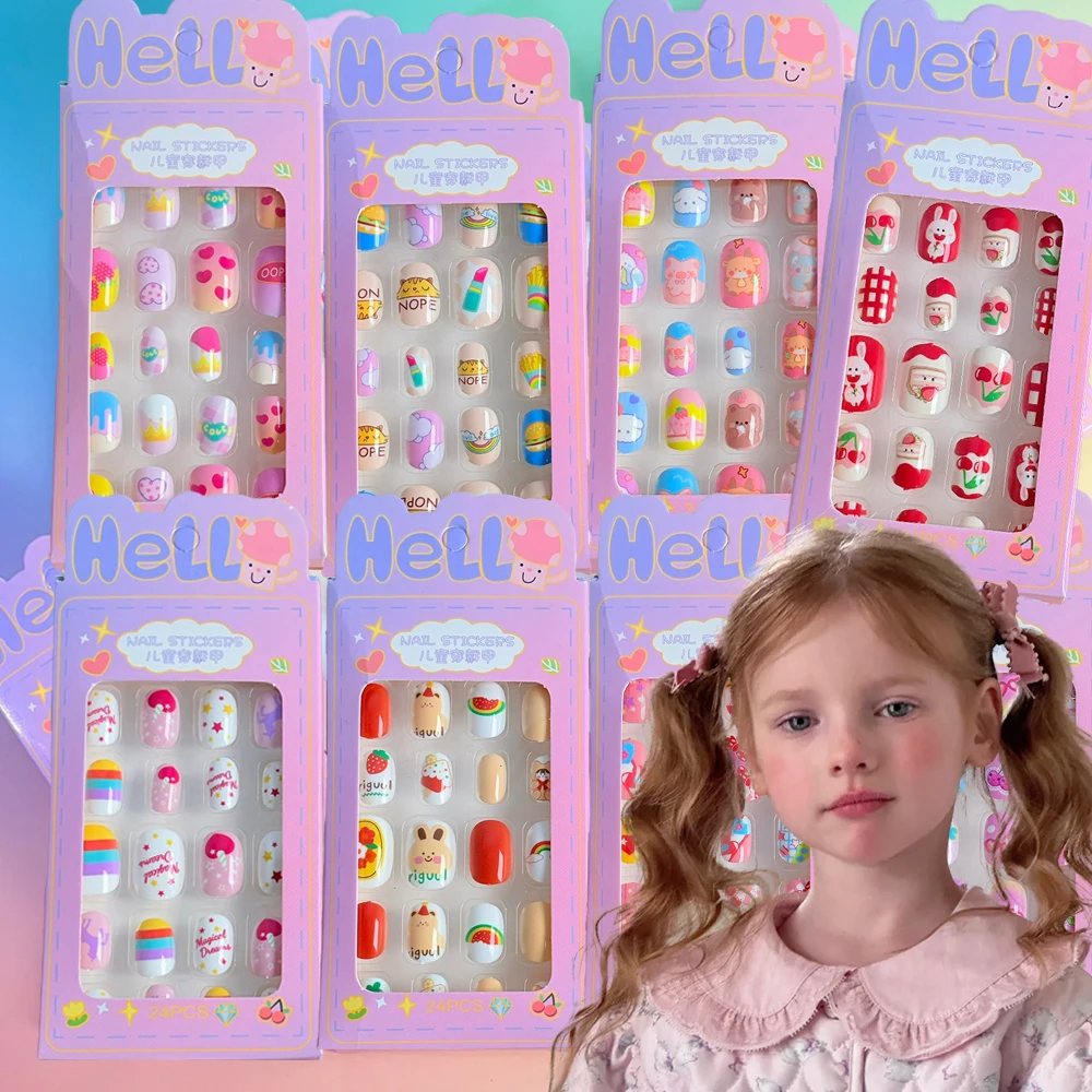 

24Pcs Kids Cartoon Pattern False Nails Tips Wearable Cute Girl Child Fake Nails Patches Kawaii Acrylic Artificial Press on Nails