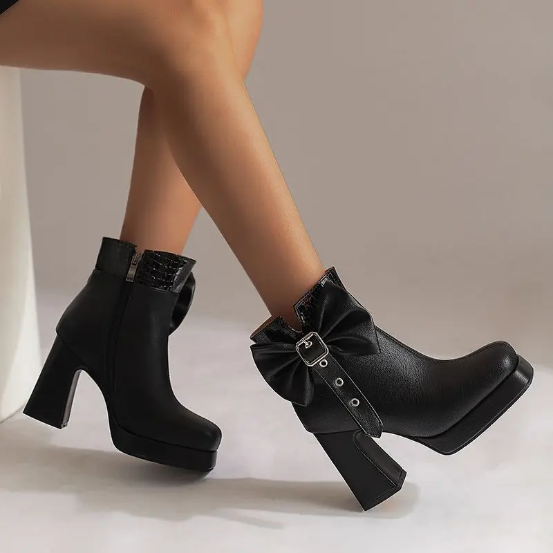 Girseaby الرجعية الإناث حذاء من الجلد ساحة تو 10 سنتيمتر كعب سميك 2 سنتيمتر منصة الجانب سستة Bowknot تمديد حجم 46 47 48 أسود #4