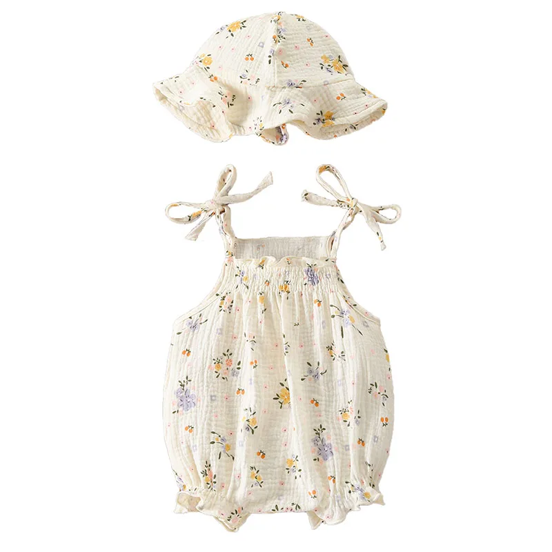 Macacão Floral de Verão para Bebês 3-18M, Conjunto de 2 Peças para Meninas, Macacão e Chapéu com Estampa Completa, Design de Alças Finas para Crianças