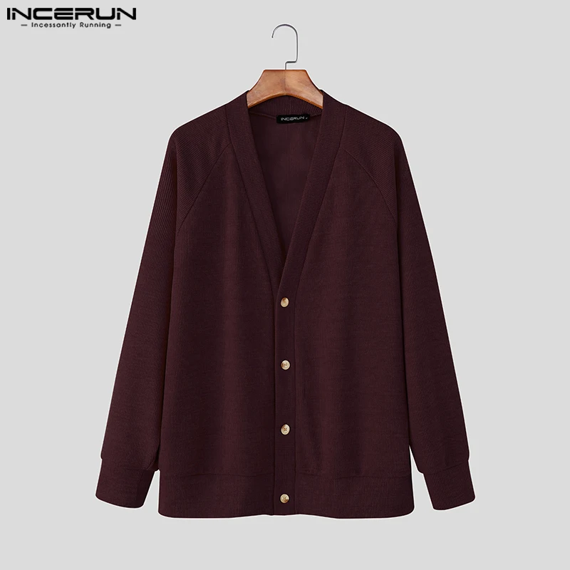 INCERUN Cardigan da uomo maglioni lavorati a maglia tinta unita autunno 2025 scollo a V manica lunga abbigliamento uomo streetwear casual maglione maschile