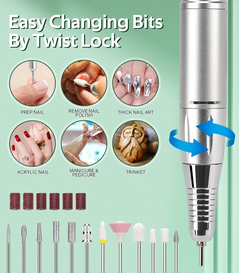 Zestaw frezarki do paznokci 45000 obr./min z wyświetlaczem LED, cicha elektryczna frezarka do manicure, akcesoria i narzędzia do paznokci.