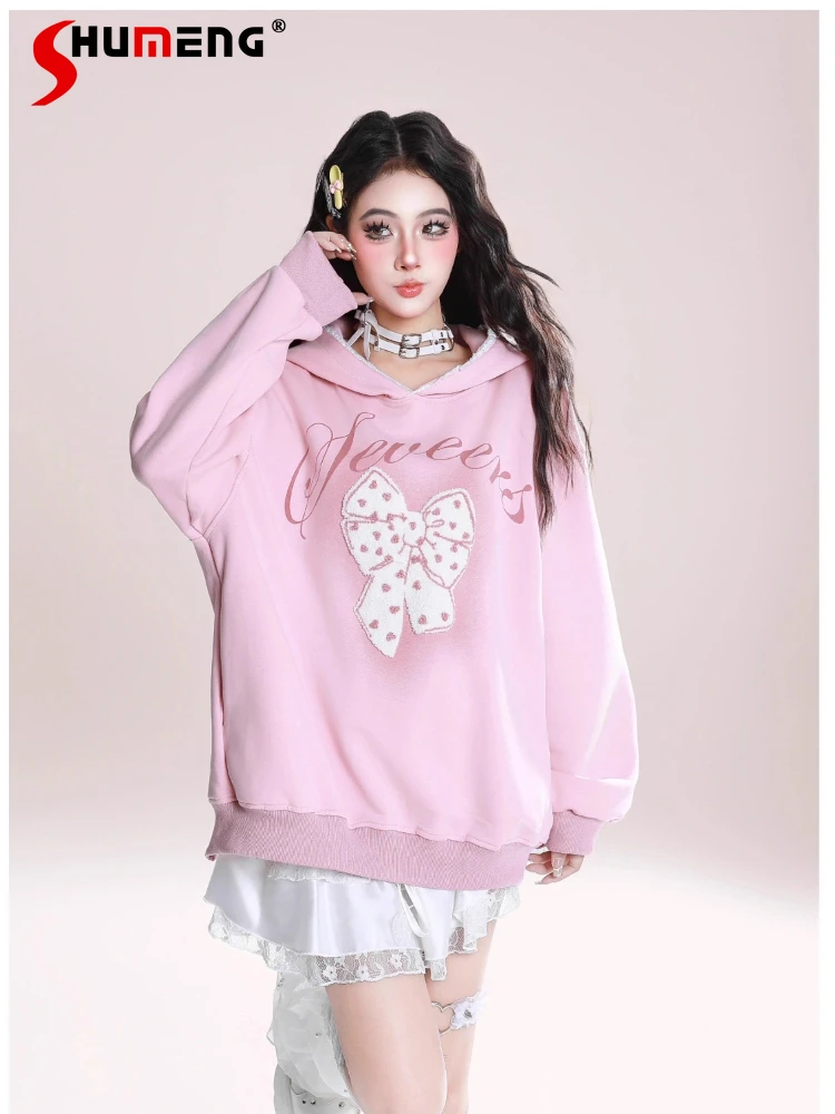 American Retro Fashion Sweet Cool Girl Flocked Bow Lace Hoodies Loose Lazy Casual Versatile Long Sleeve Sweatshirts Women Autumn