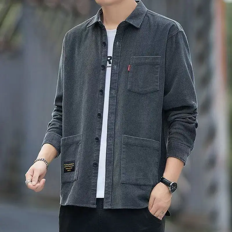 Casual Style Long Sleeve Corduroy Open Cardigan Shirt Men's Loose Fit Versatile Square Collar Workwear Shirt Breathable Skin-...