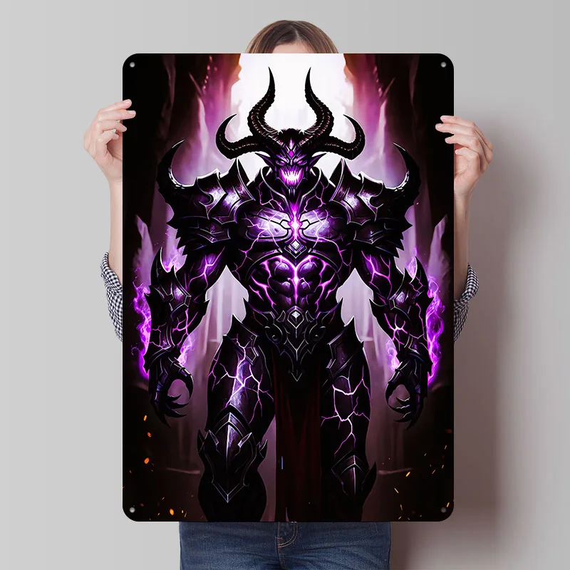 Demonic Warrior With Purple Energy Printed Poster Customized Retro Wall Art Vintage Metal Tin Signs for Office Decor House Home