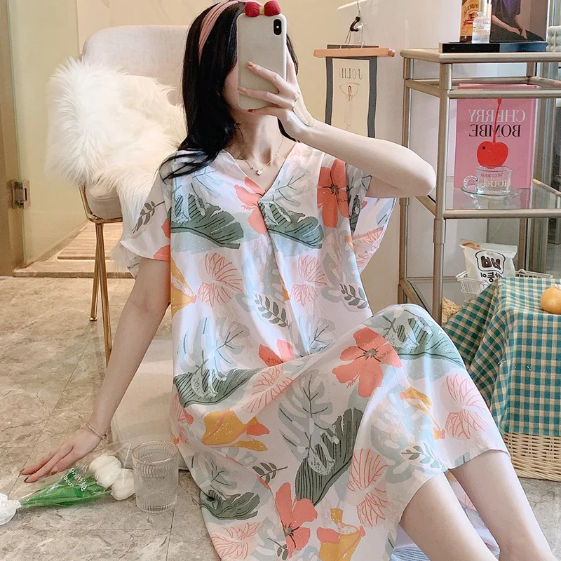 Flowers Printed Night Dress Women Sexy Sleepwear Lingerie Cute Nightdress Strap Thin Female Underwear Nighty Home Wear Clothes