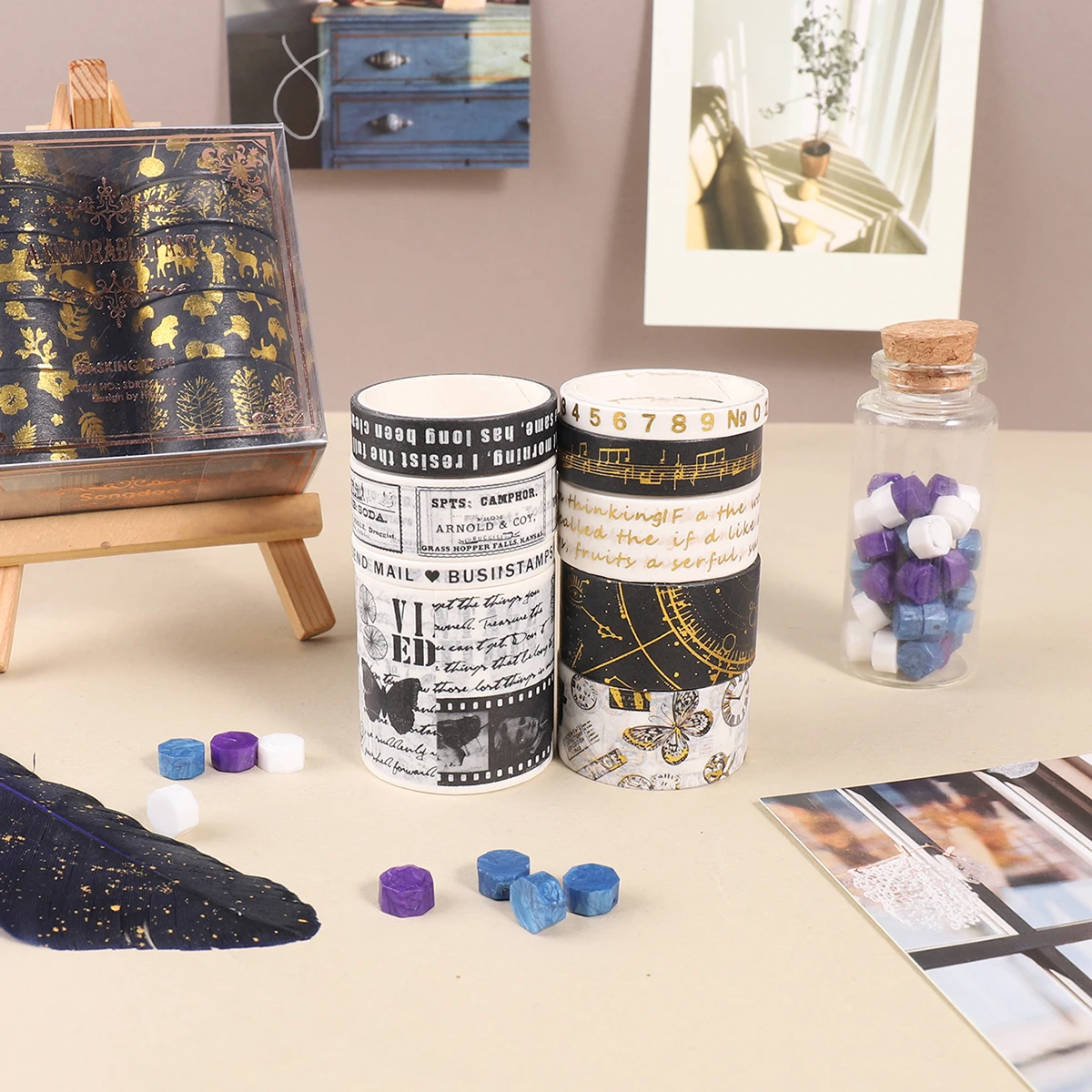 1박스 절묘한 금박 와시 테이프 세트, 다양한 패턴이 있으며 DIY 수제 일기 및 카드 장식에 적합합니다.